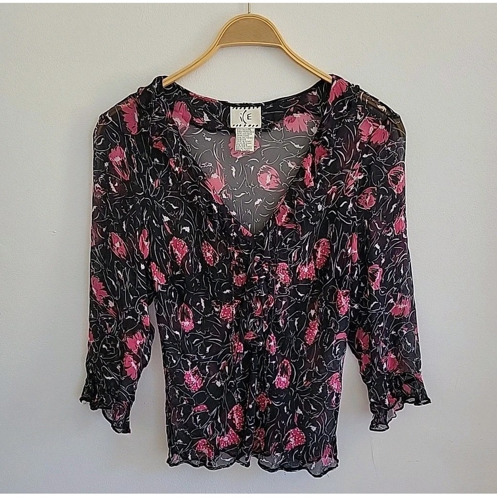 ICE Vintage‎ Y2K Beaded Sheer Silk Floral Blouse Dark Fairy Feminine Whimsigoth
